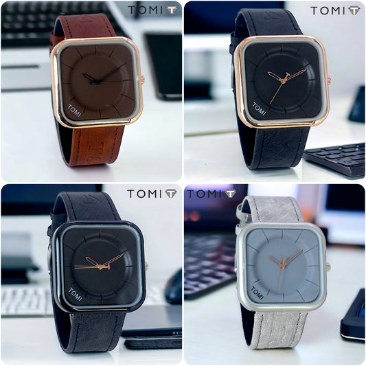 Tomi Print Men's Square Dial Watch with Leather Strap – Simple & Elegant