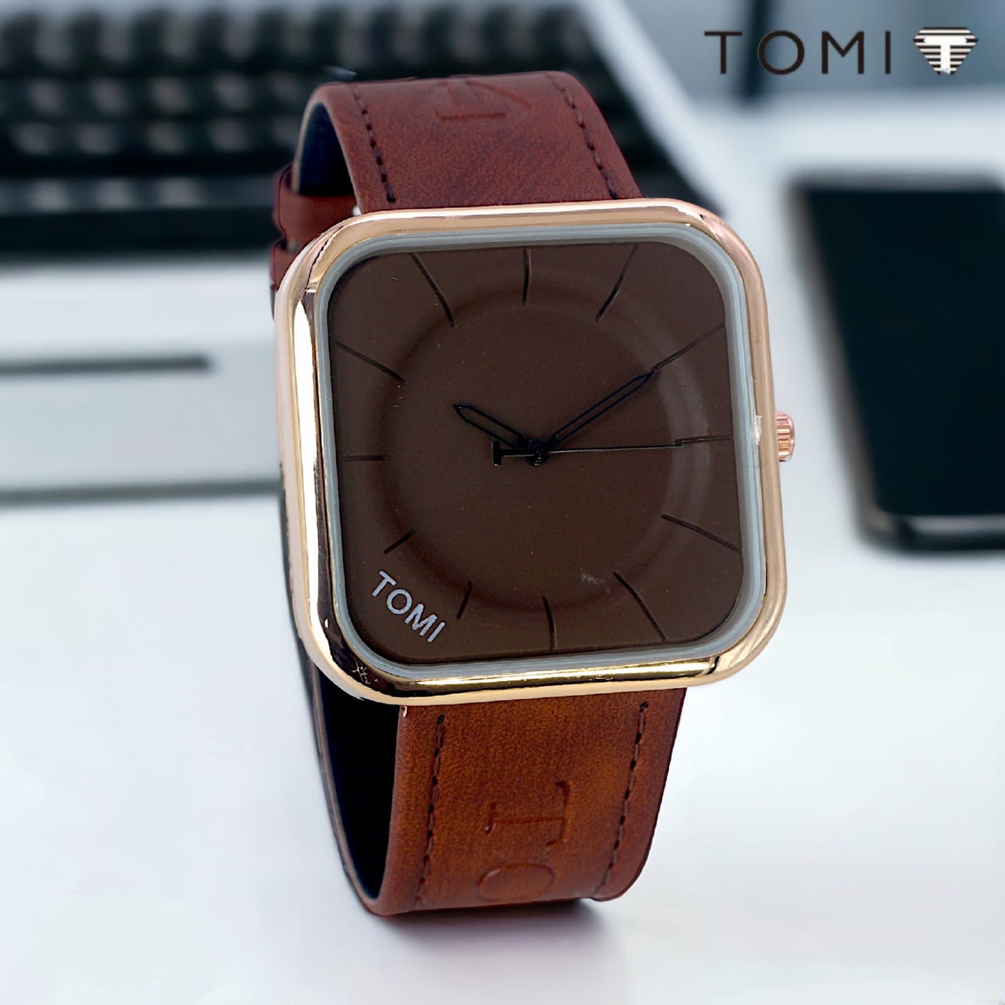 Tomi Print Men's Square Dial Watch with Leather Strap – Simple & Elegant